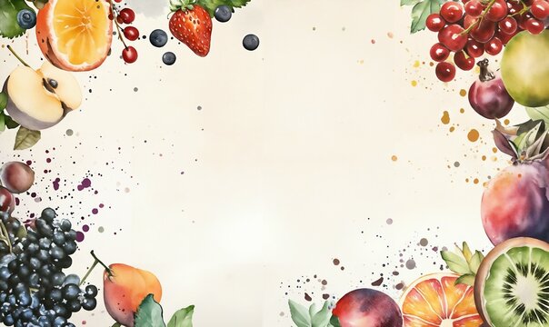 Vibrant Fresh Fruit frame in watercolor style on White, Perfect for Culinary Blog, Nutrition Banner, Menu or Cookbook Cover, space for text