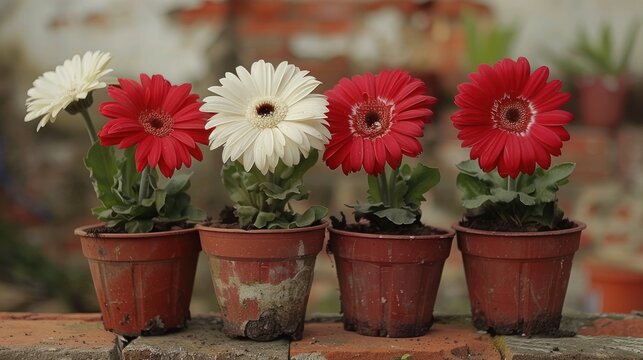 a group of red and white geranias in a row on a brick ledge in front of a brick wall.