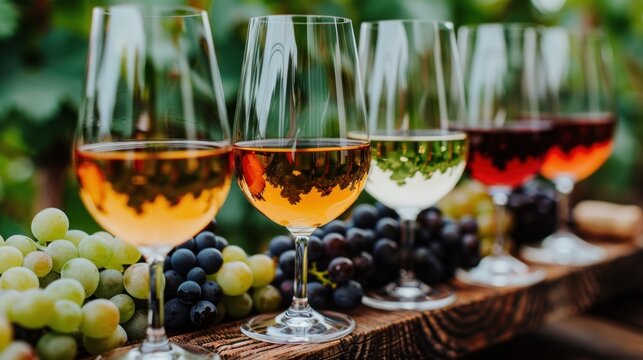 a row of wine glasses sitting on top of a wooden table next to grapes and a bunch of green leaves.