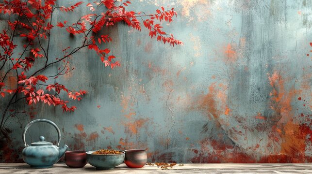 Herbal Tea Background. Tea Cups With Various Dried Tea Leaves And Flowers Were Shot From Above On A Rustic Wooden Table. Assortment Of Dry Tea In Ceramic Bowls With Copy Space