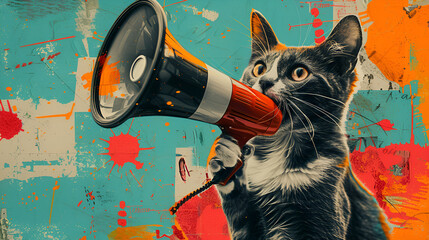 Art collage. A crazy cat with a megaphone, generative ai