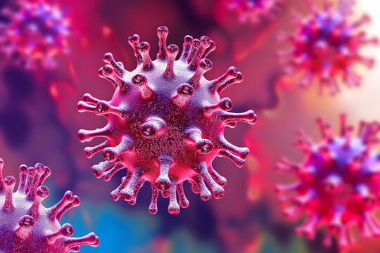 Red coronaviruses micro scene background. Neural network generated image. Not based on any actual scene or pattern. - Powered by Adobe