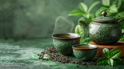 Foto op Aluminium Herbal tea background. Tea cups with various dried tea leaves and flowers were shot from above on a rustic wooden table. Assortment of dry tea in ceramic bowls with copy space © ND STOCK