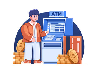 Illustration of people using ATMs for financial transactions, depicting the convenience and efficiency of automated teller machines as customers withdraw cash, make deposits, or check balances.