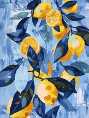 A painting featuring vibrant lemons and lush green leaves set against a striking blue background, creating a refreshing and colorful composition.