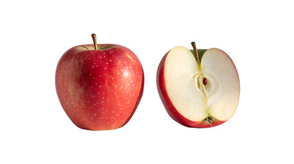 one red apple with half apple transparent background, ai generative