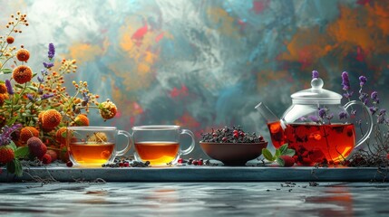 Herbal tea background. Tea cups with various dried tea leaves and flowers were shot from above on a rustic wooden table. Assortment of dry tea in ceramic bowls with copy space - obrazy, fototapety, plakaty