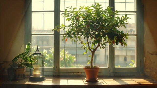 a potted plant sitting on a window sill next to a birdcage and a birdcage.