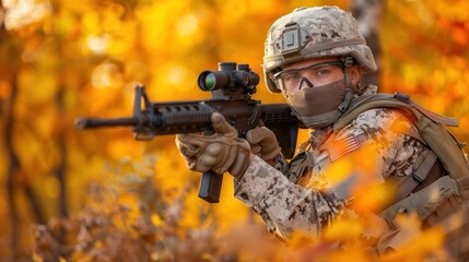 Fototapeta premium a man in camouflage holding a rifle in front of a tree filled with orange and yellow leaves in the fall.