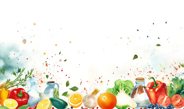Vibrant Culinary Creation Space, fresh vegetable medley, kitchen concept, recipe template, colorful cooking background, food blog banner, organic produce display, space for text, flat lay