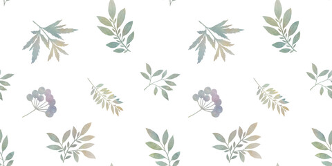 abstract leaves on branches drawn in watercolor on a white background, seamless botanical pattern