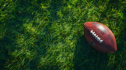 Ball for American football on fresh green field grass, generative ai
