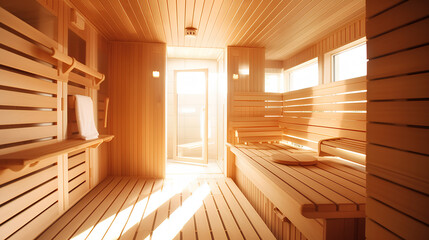 A spa room with hot stones and benches. Alternative therapy and therapeutic inhalations in the sauna. - obrazy, fototapety, plakaty