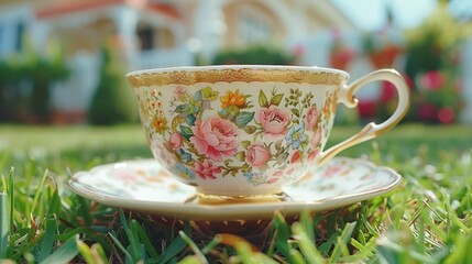 a tea cup sitting on top of a saucer on top of a field of green grass with a house in the background.