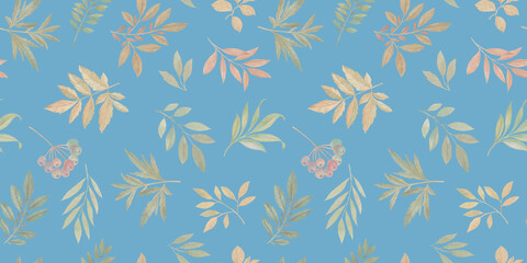 Watercolor seamless pattern of leaves, branches, berries. Delicate watercolor illustration on a green background. Basis for design - fabric, textiles, wallpaper, wrapping paper, scrapbooking