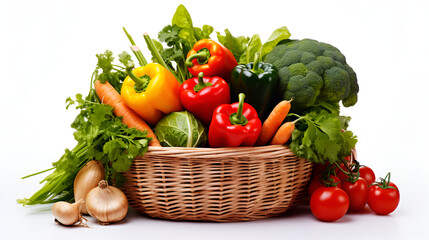 Wicker basket full of fresh vegetables, vegetarian concept, healthy living and nutrition,Basket full of peppers, onion, garlic, cucumber, cabbage, peas, tomatoes, kale isolated on white background

