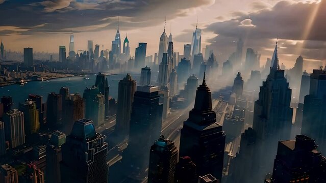 New York city future skylines building in dark cinematic. Aerial view