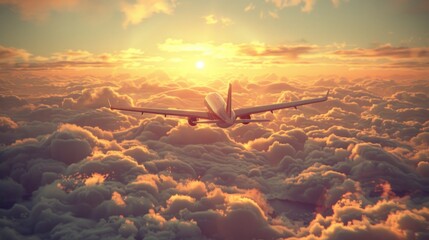 a large jetliner flying through a cloudy sky over a sunlit cloud filled sky with the sun peeking through the clouds. - obrazy, fototapety, plakaty