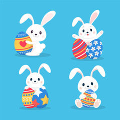 Rabbit Holding Easter Eggs Illustration Collection Set