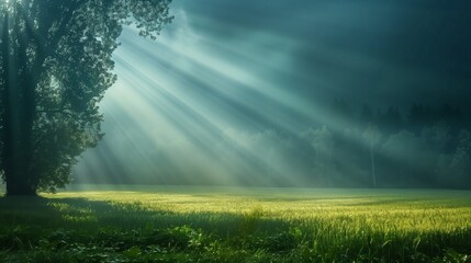 Ethereal Rays Piercing the Night Sky Over Tranquil Field