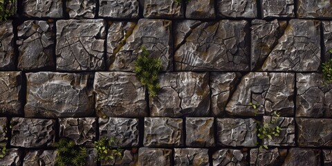 Textured stone wall with intermittent green plants, suitable for backgrounds or patterns in design projects.