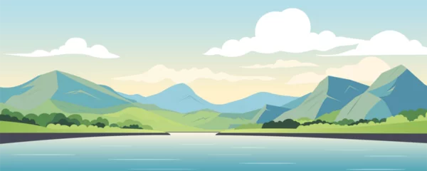 Zelfklevend Fotobehang Landscape of a mountain lake. Vector illustration of a panoramic landscape of a large lake in the mountains against the backdrop of trees, high mountains, blue sky with clouds. Summer nature. © Evgeniia
