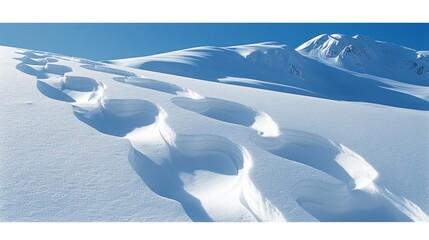 Obraz premium a long line of footprints in the snow on a sunny day with a mountain in the backgrouch.
