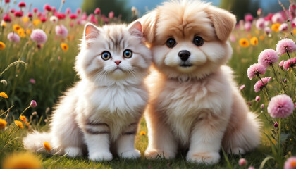 Fototapeta na wymiar Cute and adorable little fluffy cat and dog on meadow. Generative AI