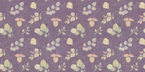 Watercolor design of autumn leaves. Illustration of drawn branches with leaves for design, summer plants seamless background