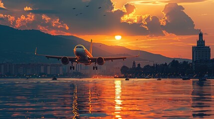 a large jetliner flying through a cloudy sky over a body of water in front of a city at sunset. - obrazy, fototapety, plakaty