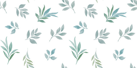 Fototapeta na wymiar botanical seamless background of leaves, watercolor pattern of hand drawn leaves on branches, abstract illustration for wallpaper and packaging design