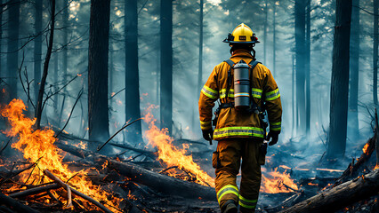 Fototapeta na wymiar fire, burning forest. a firefighter puts out a fire