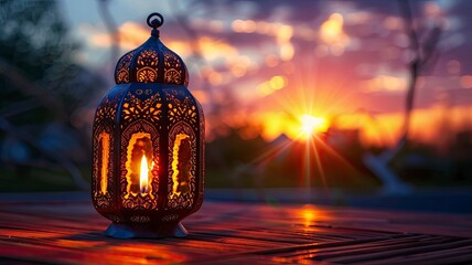 Muslim Holy Month Ramadan Kareem - Ornamental Arabic Lantern With Burning Candle Glowing At Evening - generative ai