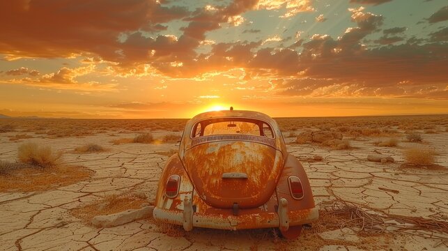 a rusted out car sitting in the middle of a desert with the sun setting in the distance behind it.