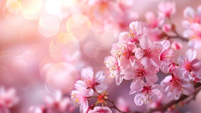 Romantic cherry tree with pink flowers, Spring border or background with pink blossoms. Beautiful nature scene with a blooming sakura tree and bokeh background