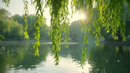 the sun shines through the leaves of a tree over a body of water with a body of water in the background.
