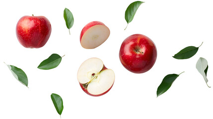 Red apples, whole and pieces with leaves on a transparent background.