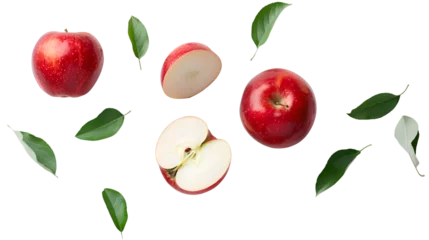Poster Red apples, whole and pieces with leaves on a transparent background. © MistoGraphy