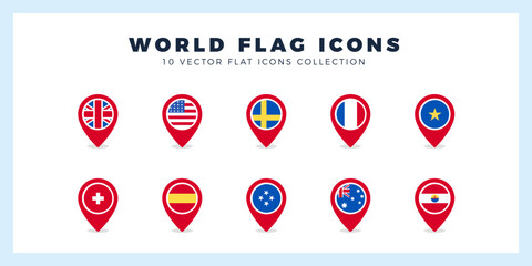 10 World Flags Pin. icons Pack. vector illustration.