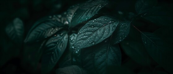 Fototapeta na wymiar Dew Drops Glistening on Dark Green Leaves During Early Morning Hours