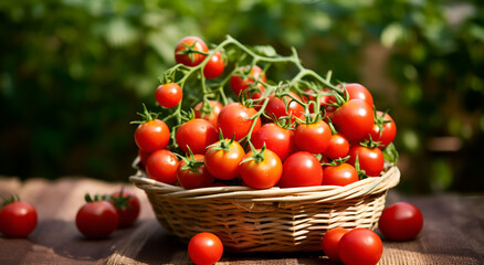 Harvest of ripe tomatoes in a basket in the vegetable garden season vegetable - obrazy, fototapety, plakaty