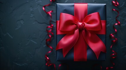a blue and red gift box with a red bow on a black background with streamers of red streamers.
