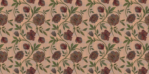 Seamless pattern with watercolor flowers, abstract ornament design. Illustration of drawn branches with flowers and leaves for design, seamless background