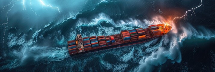 A large container ship braving turbulent waters during a severe storm. - obrazy, fototapety, plakaty
