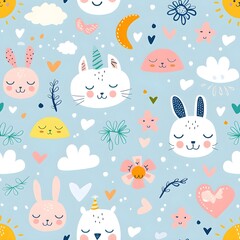 Seamless pattern light blue with cute animals, clouds and moon