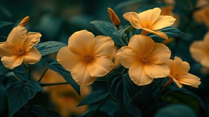 a group of yellow flowers with green leaves in the foreground and a blurry background of green leaves in the foreground.