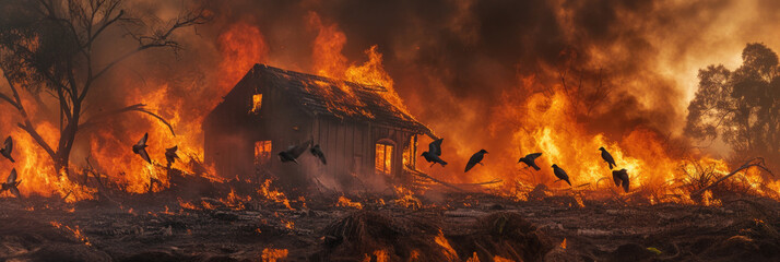 A photo capturing the intense scene of a house ablaze, surrounded by birds soaring in the air. - obrazy, fototapety, plakaty