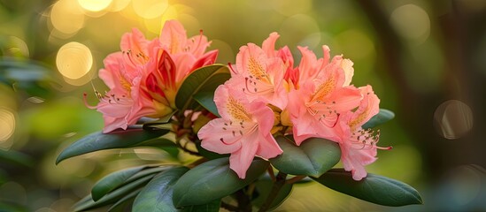 A detailed view of bright pink rhododendron flowers clustered together on a branch, showcasing their vivid color and delicate petals under natural lighting.