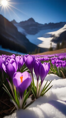 Beautiful Spring Crocus Flower Sprouting From Snow On Background Sunny Snowy Mountains