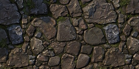 Textured cobblestone pavement with moss growing between stones, suitable for backgrounds and patterns.